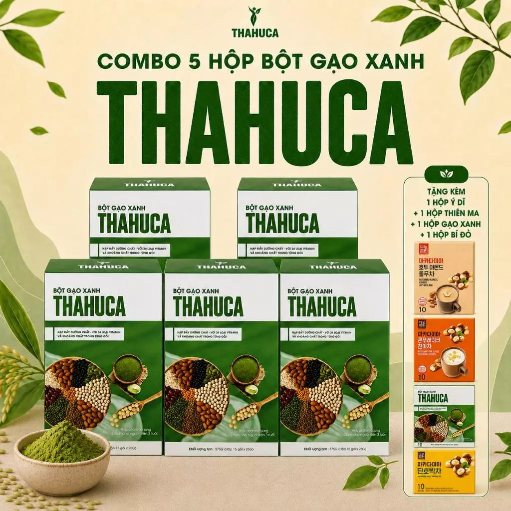 Thahuca 5 Hộp Bột Vi Chất Gạo Xanh 15 Gói/25g – Bổ Sung Đạm Thực Vật & 24 Vitamin