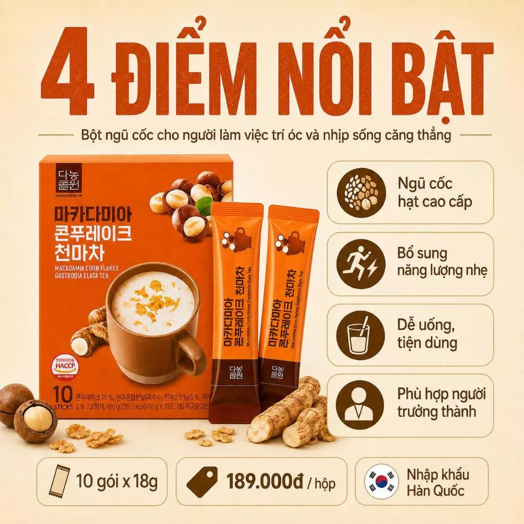 Danongwon Bột Ngũ Cốc Macca Thiên Ma 10 Gói/18g – Hỗ Trợ Giảm Căng Thẳng, Chống Oxy Hoá